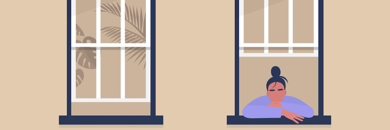 Feeling Grief and Gratitude During a Health Crisis illustration of woman looking out of window of a building