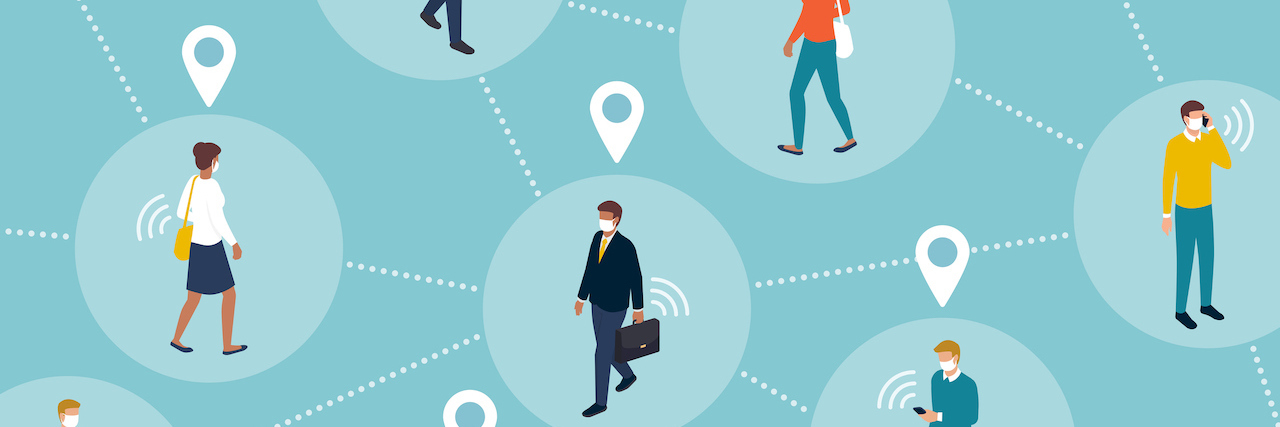 CDC Reports 20 Million COVID-19 Cases Likely in the U.S. crowd of people keeping a safe distance and being located by a tracker