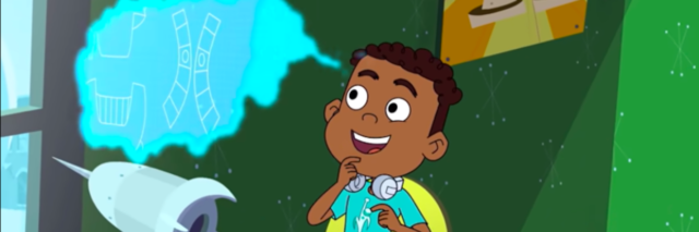 AJ Gadgets from "Hero Elementary," a black boy wearing a backpack