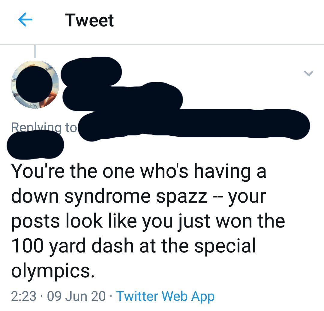 Tweet with offensive comments about Down syndrome.