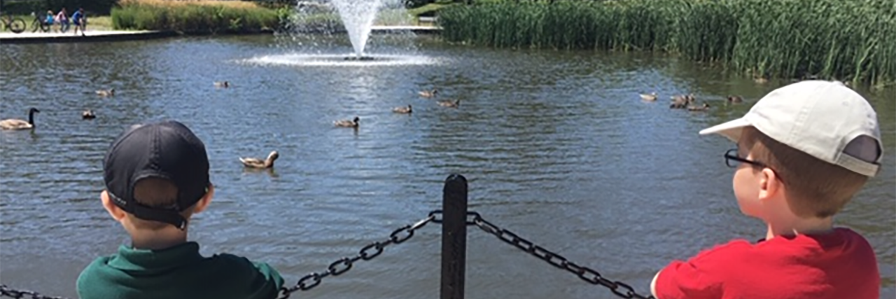 Hally's sons looking at a lake.