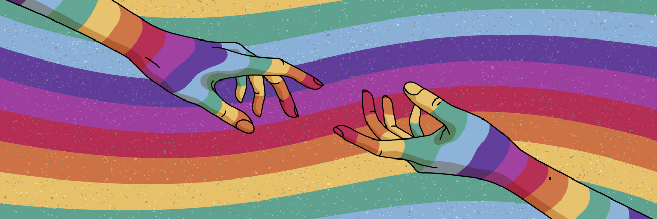 Rainbow hands reaching towards each other.