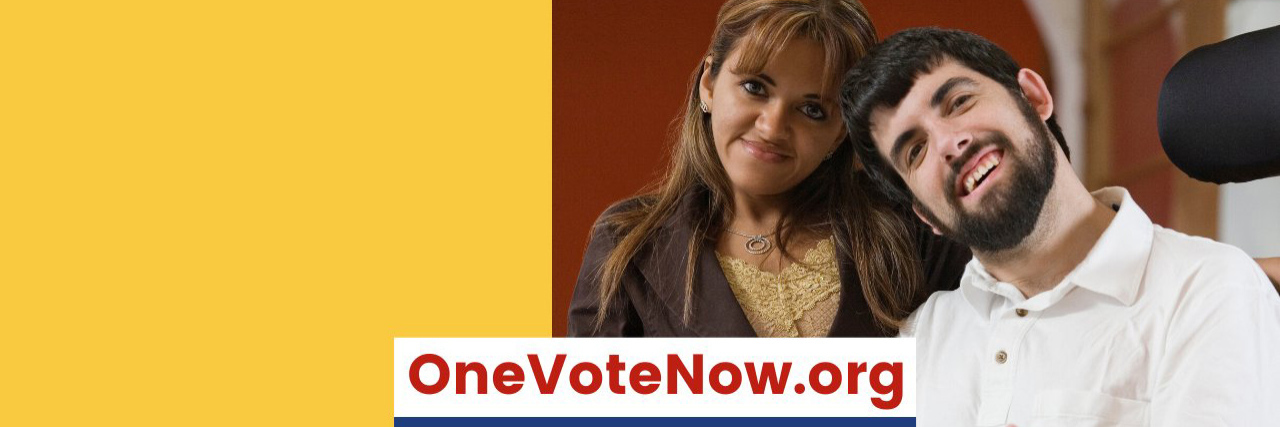Need Access to Voting as an American With a Disability? This Website Can Help. One Vote Now poster featuring a Latina woman and white man using a power wheelchair.