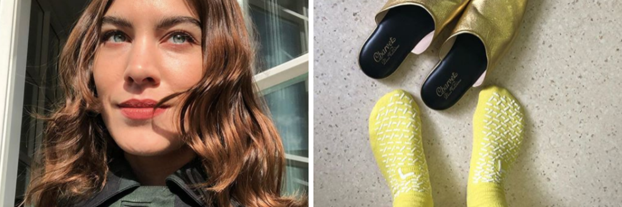 Side by side of Alexa Chung, a model with long brown hair, and yellow hospital-socked feet next to a pair of gold-colored slip-on shoes