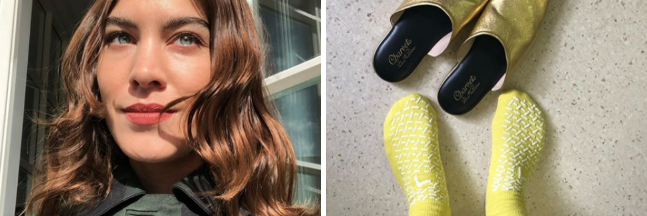 Alexa Chung Reveals She Has Endometriosis Side by side of Alexa Chung, a model with long brown hair, and yellow hospital-socked feet next to a pair of gold-colored slip-on shoes