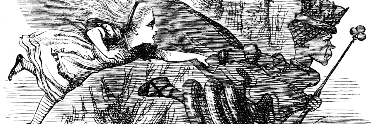 OCD Recovery Is Like the 'Red Queen's Race' in 'Alice in Wonderland' Illustration of the Red Queen's Race from "Alice Through the Looking-Glass," a black and white classic illustration of the Red Queen pulling Alice along so fast they are both lifting off the ground