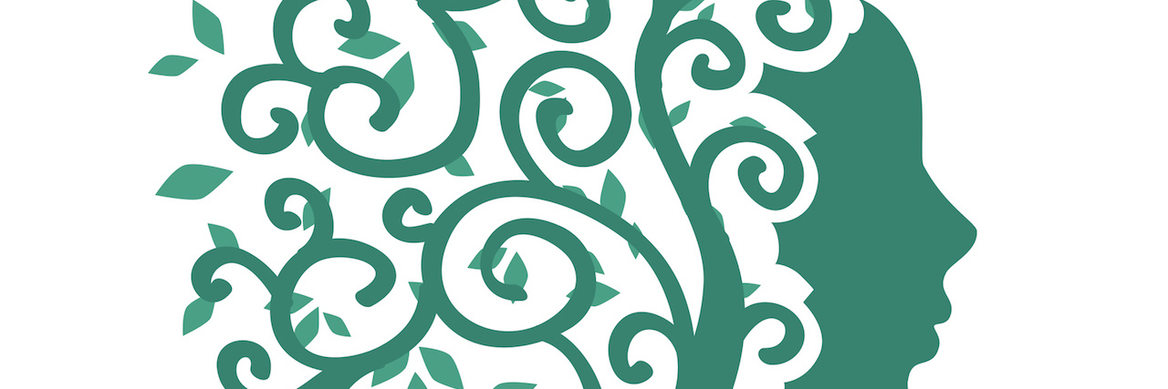 The Benefits and Drawbacks of a Mental Illness Diagnosis Graphic of a side view of a woman's face, with swirling vines representing the back and top of her head