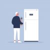 Illustration of man putting away groceries in the refrigerator