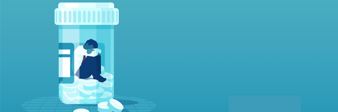 How Has COVID-19 Impacted Addiction Treatment? Illustration of a man trapped in a bill bottle on a teal background