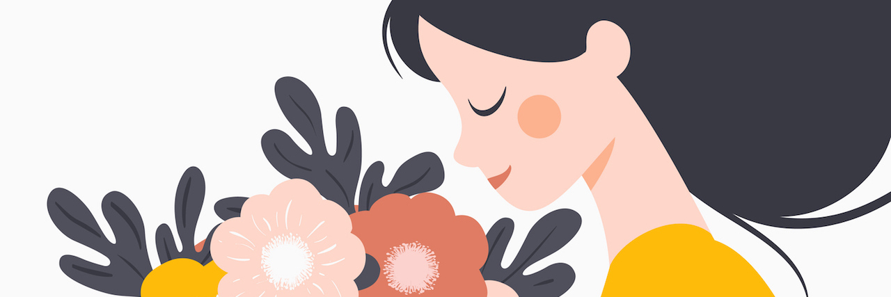The Case Against Telling People to Have 'Thick Skin' illustration of a woman holding flowers