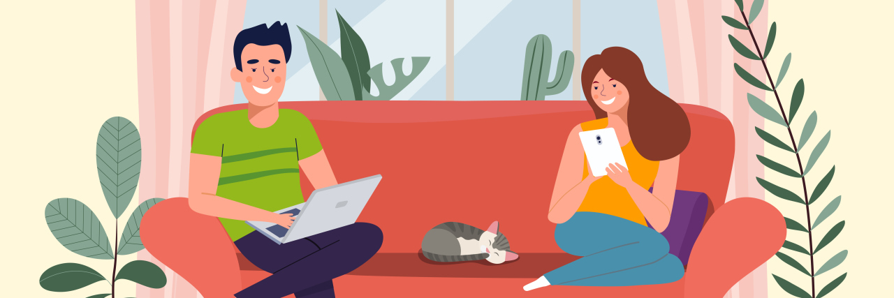 Illustration of man, woman and cat sitting on the couch.