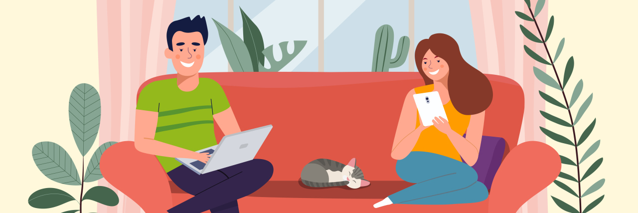 Self-Quarantining With Autism During the COVID-19 Pandemic Illustration of man, woman and cat sitting on the couch.