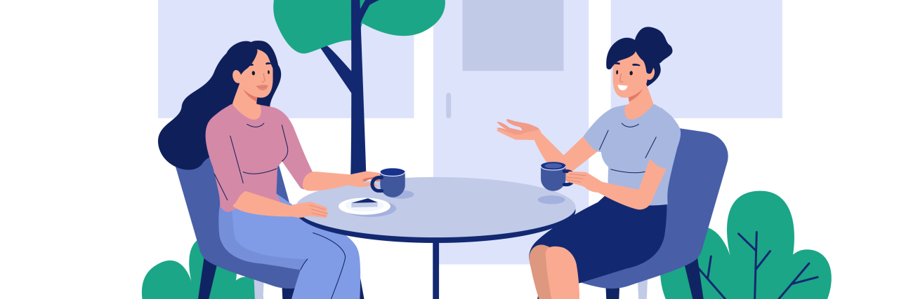 Drawing of two friends having coffee.