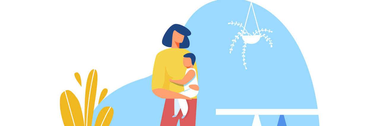 Illustration of young mother holding baby in hand