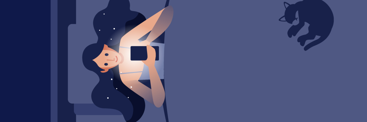 Texts to Help Someone With Suicidal Thoughts at Night illustration of a woman lying in bed with a phone, the light shining on her face