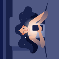 illustration of a woman lying in bed with a phone, the light shining on her face