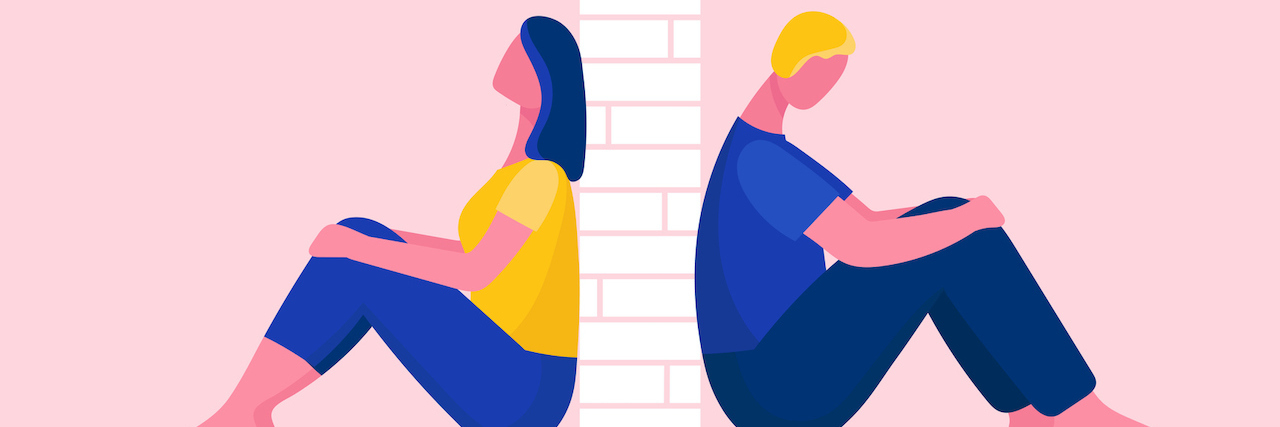 When Both Partners in a Relationship Have Mental Illness An illustration of a couple sitting The couple sit back to back, a wall in between them.