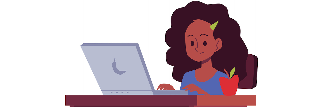 Teen With ADHD Jailed for Incomplete Schoolwork During COVID-19 Illustration of a teenage girl sitting behind a desk working on a laptop computer