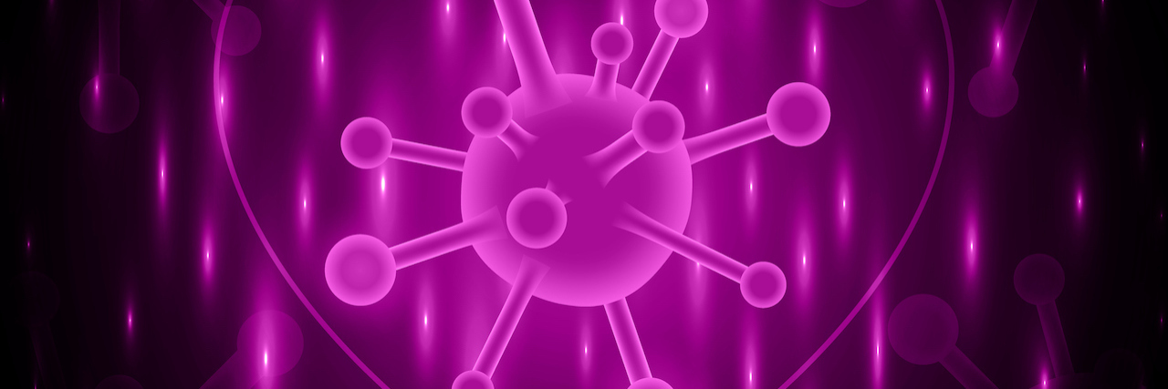 COVID-19 Study Suggests Lasting Heart Damage Likely for Many Illustration of a neon purple coronavirus cell in the center of a heart outline