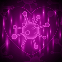 Illustration of a neon purple coronavirus cell in the center of a heart outline