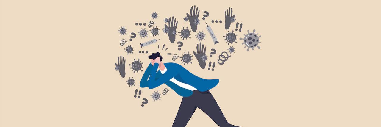 Coronavirus Anxiety Project Develops Scale to Measure Pandemic Anxiety Illustration of a man covering his ears while anxiety COVID-19 thoughts swirl around his head