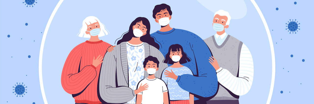 Family in medical masks stands in a protective bubble.