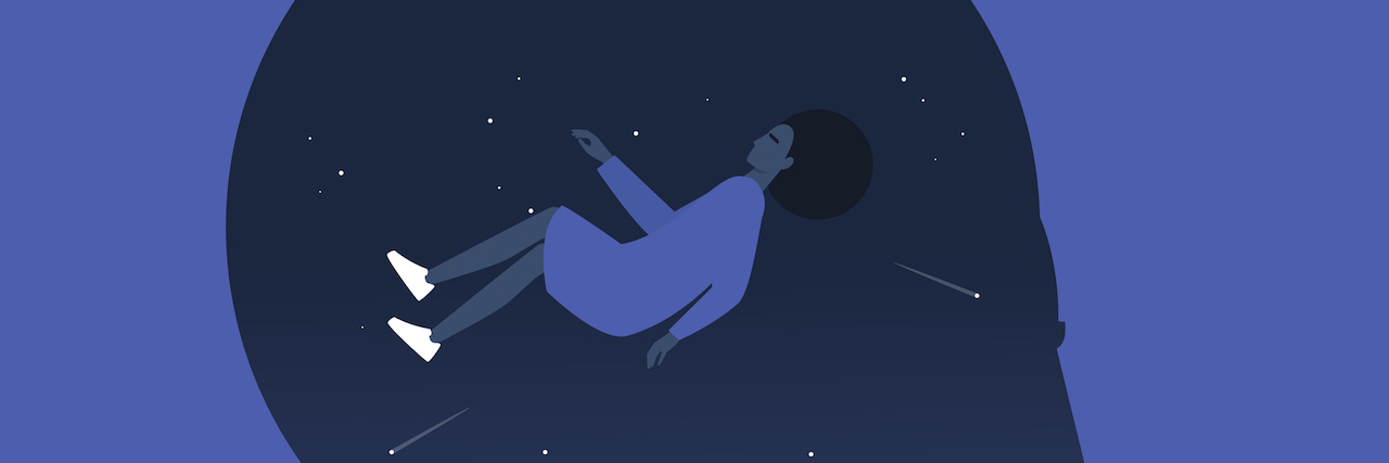 An illustration of a black woman "falling" in a black space background