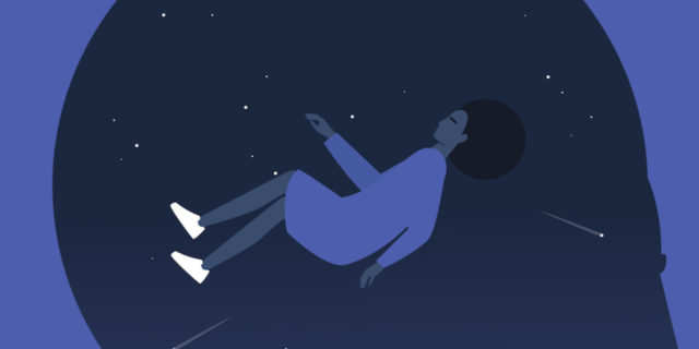 An illustration of a black woman "falling" in a black space background