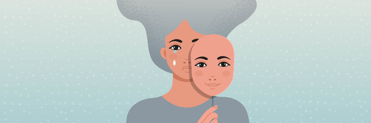 Illustration of a Sad woman is covering her face with a smiling mask.
