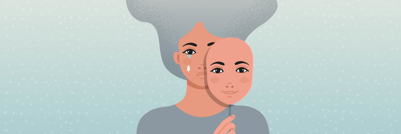 10 Reasons People Don't Reach Out When They're Depressed Illustration of a Sad woman is covering her face with a smiling mask.