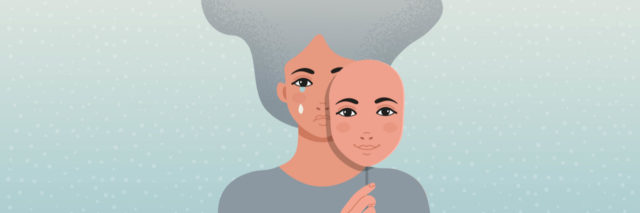 Illustration of a Sad woman is covering her face with a smiling mask.