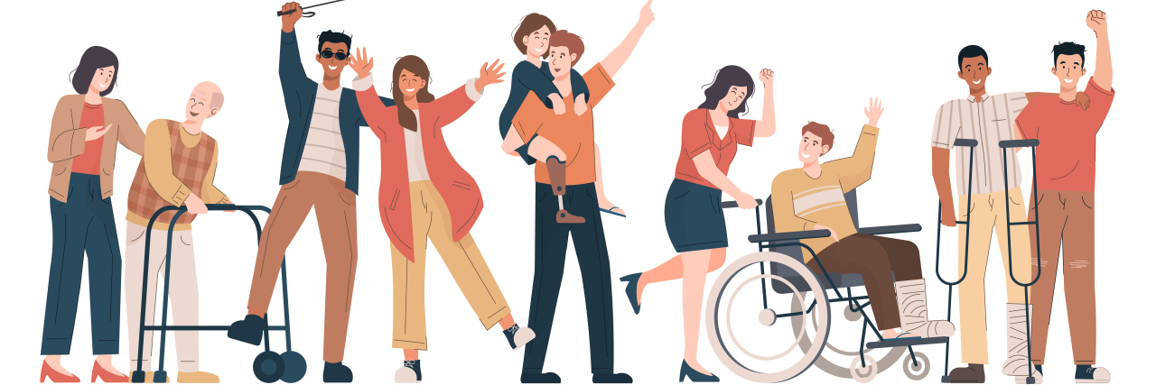 The Next ADA: The Rights Americans With Disabilities Still Need Drawing of people with various disabilities including blindness, prosthetic leg, wheelchair user, and people without a visible disability.