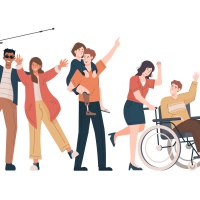 Drawing of people with various disabilities including blindness, prosthetic leg, wheelchair user, and people without a visible disability.