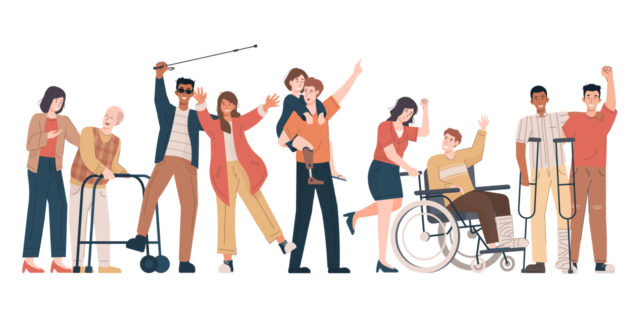 Drawing of people with various disabilities including blindness, prosthetic leg, wheelchair user, and people without a visible disability.