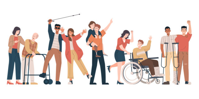 The Next ADA: The Rights Americans With Disabilities Still Need to Thrive Drawing of people with various disabilities including blindness, prosthetic leg, wheelchair user, and people without a visible disability.