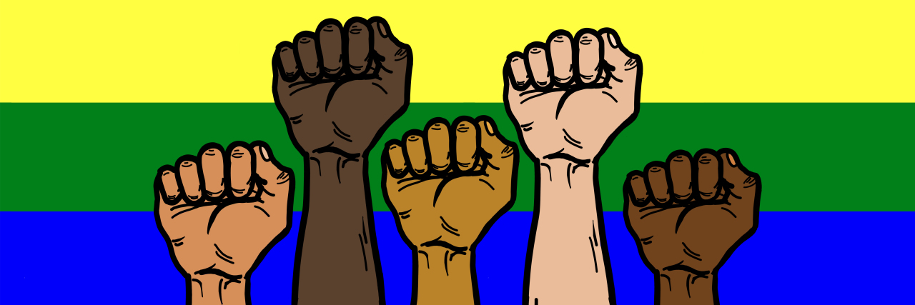 A group of multi-ethnic hands raising up with rainbow flag background.