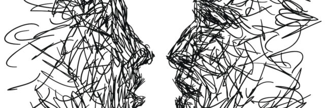 Black and white sketch of two faces looking at one another