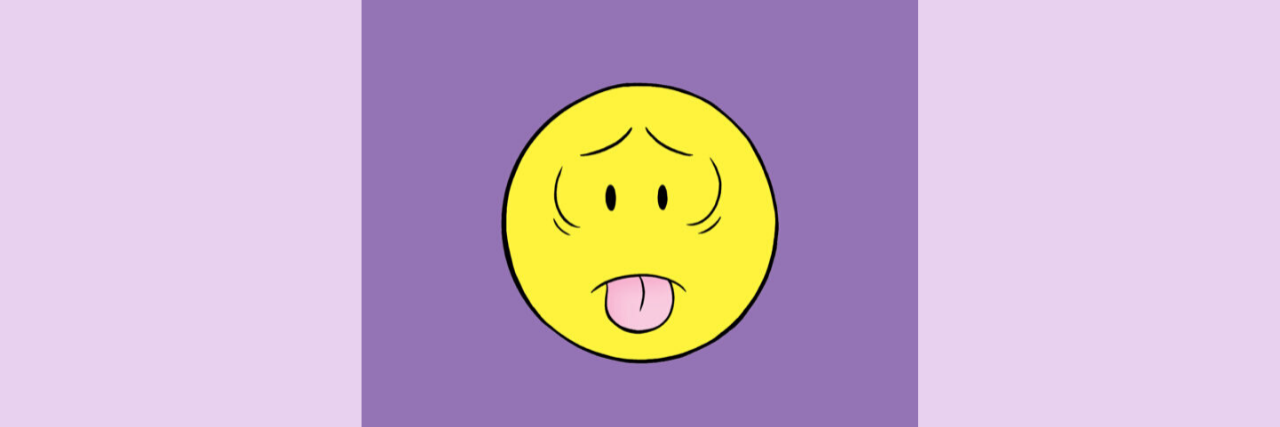 Cover of Raina Telgemeier's "Guts," a blech emoji on a purple background