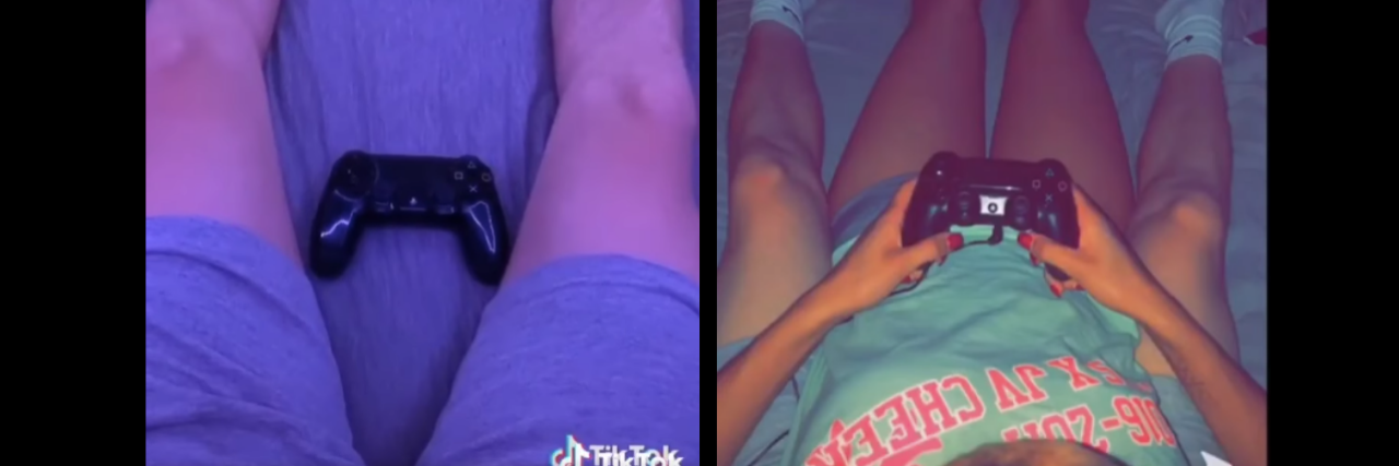 On the left, is a photo of someone with a controller on their lap. On the right, a photo of a woman on someone's lap with the controller in her hand