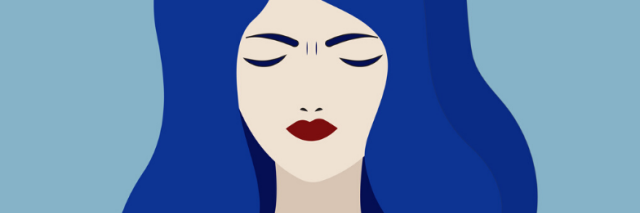 illustration of a woman with blue hair wearing a red dress. She has squiggly lines on her chest representing anxiety