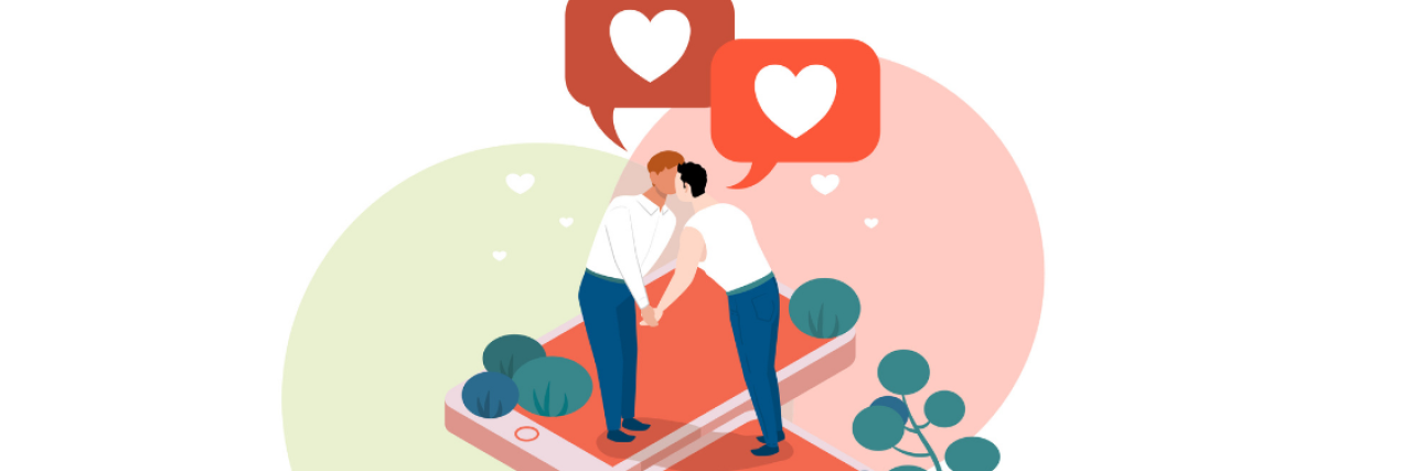 illustration of two men standing on individual smartphones, leaning over and kissing each other with heart speech bubbles rising from them