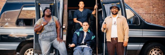 "Come as You Are" promotional image featuring the actos and a wheelchair lift van.