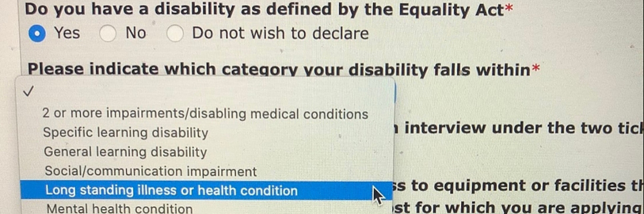 Disability questions on a UK job application.