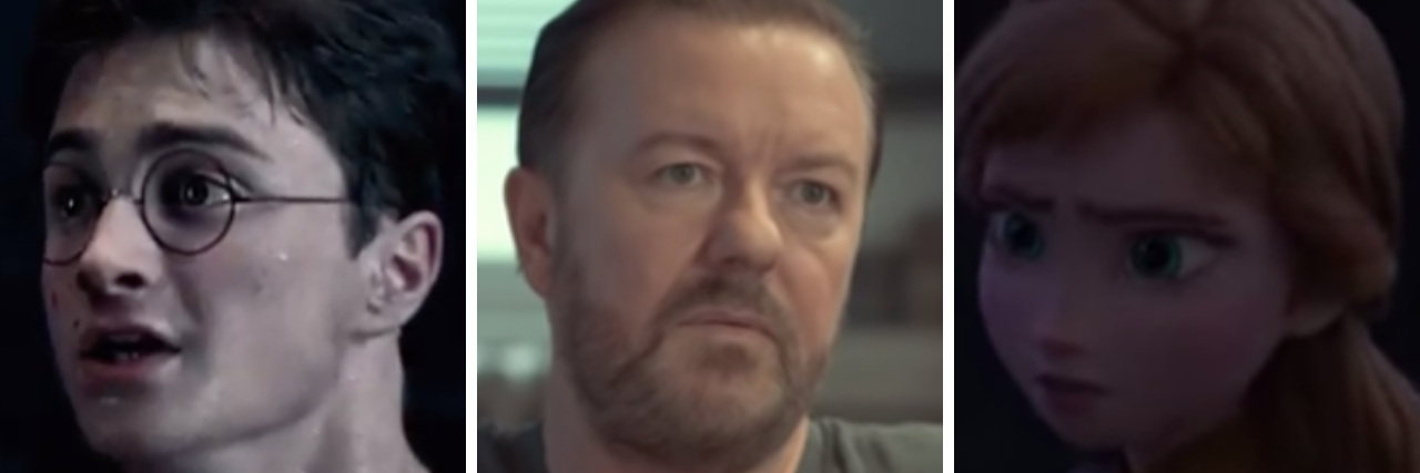 6 Movie and TV Show Moments That Got Grief Right A three-person collage showing (from left to right), Harry Potter, Ricky Gervais and Anna from "Frozen II"