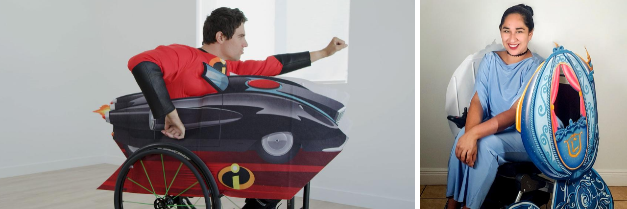 Disney Introduces Adaptive Costumes for People With Disabilities Incredimobile Wheelchair cover vehicle (left) and Cinderella's coach wheelchair cover