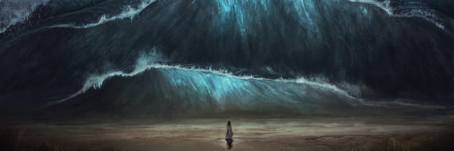 Drawing of a woman standing alone before a large tidal wave coming on to the beach.