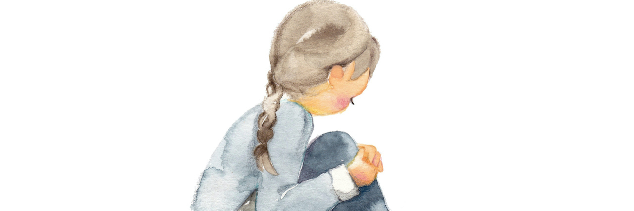 Illustration of sad girl sitting and pulling her knees in towards her