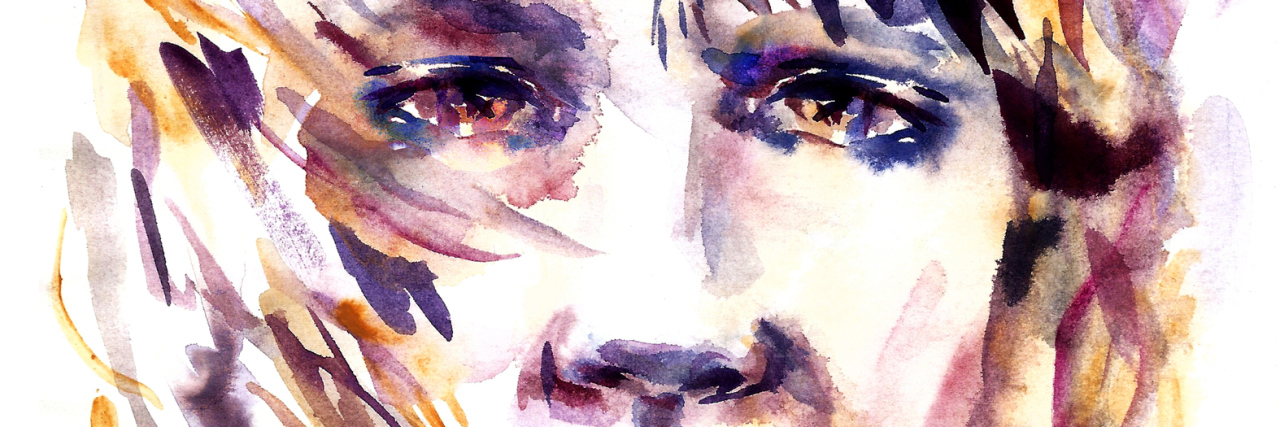 watercolor illustration of a woman's face looking sad in vibrant colours