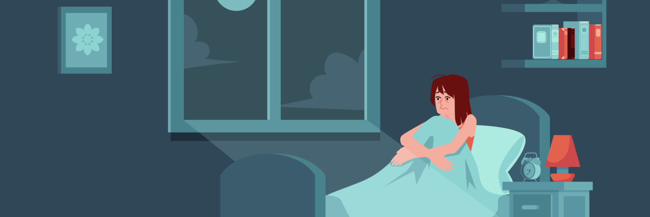 vector illustration of a woman in bed sitting upright, unable to sleep