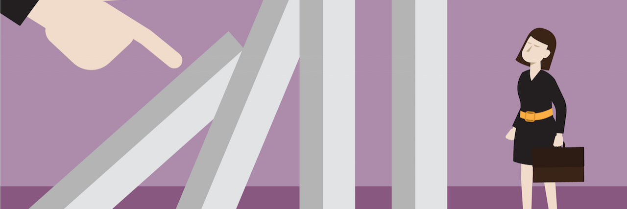 Maintaining Long-Term Employment With Bipolar Disorder Dominos falling on a woman wearing a pants suit